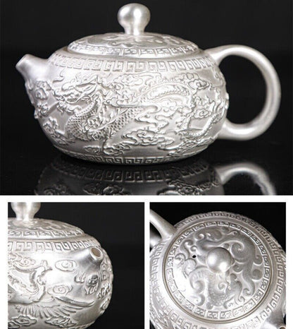 999 pure silver tea set handmade tea pot sterling silver tea cup dragon relief