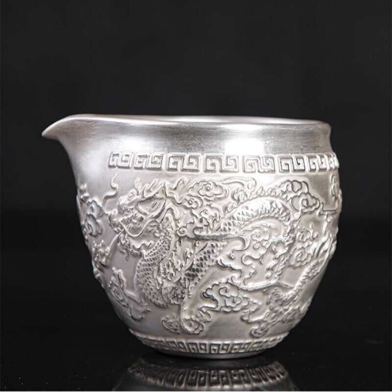 999 pure silver tea set handmade tea pot sterling silver tea cup dragon relief