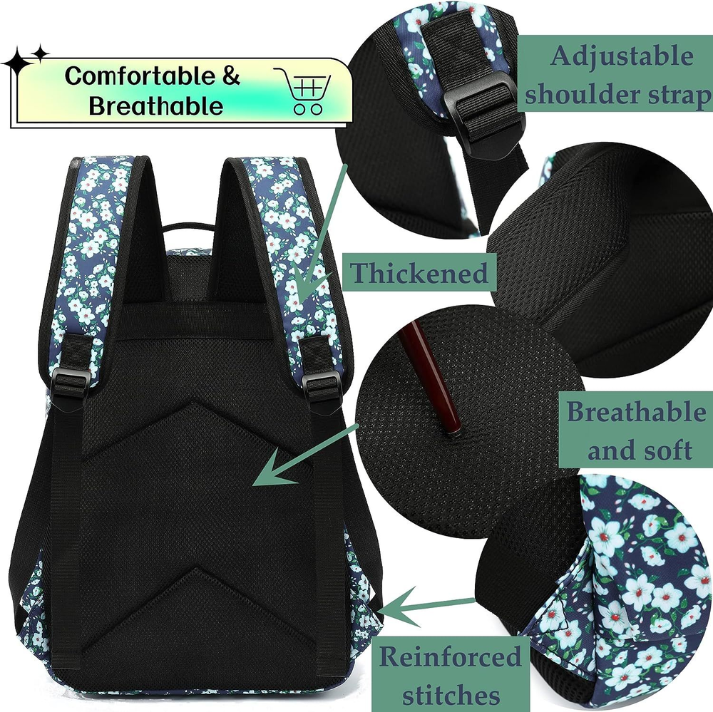 H HIKKER-LINK Womens Floral Laptop Backpack Casual Shoulder Bag Blue White-fr