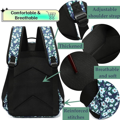 H HIKKER-LINK Womens Floral Laptop Backpack Casual Shoulder Bag Blue White-fr