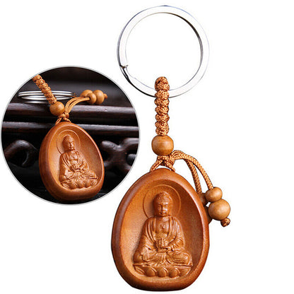 Lucky Jewelry Wood Carving Buckle Buddha Pendant Keychain Car Bag Keyrinzo