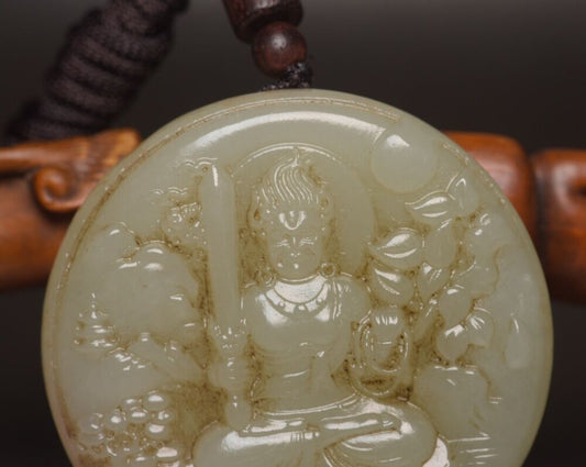 Antique Chinese Natural Hetian Jade Carved Buddha Statue Amulets Pendant Jewelry