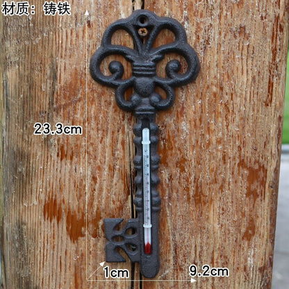 Home Wall Decoration Courtyard Decor Cast Iron Rake Key Thermometer 9.2x1x23.3cm