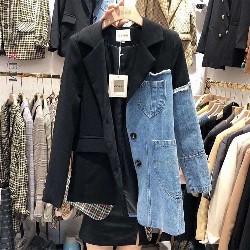 Spring Suit Stitching Denim Coat Single Breasted Color Block Jacket Coats