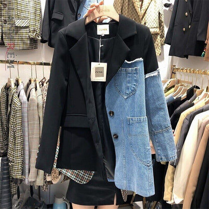 Spring Suit Stitching Denim Coat Single Breasted Color Block Jacket Coats