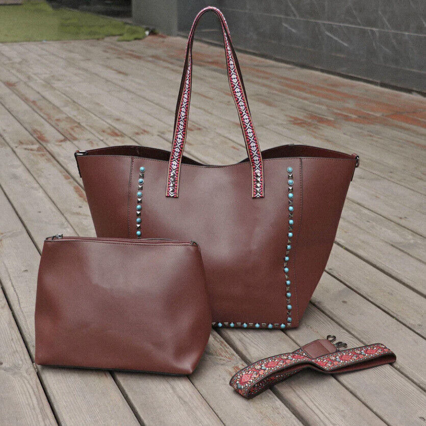 Celela Rivet Turquoise Embellished Women Tote Handbag Shoulder Bag W/ Purse