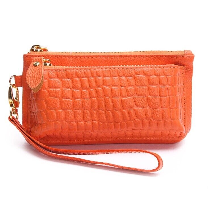 Orange Wristlet Purse Women Lady's Wallet Coin Purse Small Bag Genuine Leather
