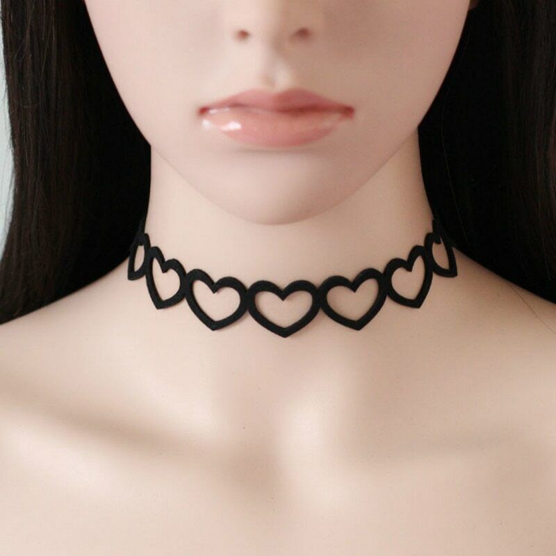 Black Velvet Heart Choker Collar Punk Goth Adjustable Chain Necklace Love Hollow