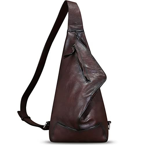 FEIGITOR Genuine Leather Sling Bag Retro Crossbody Medium, Coffee