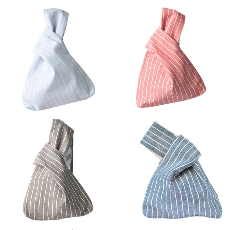 Women Portable Knot Wrist Bag Janpanese Stripe Bag Purses Phone Key Coin Pouch