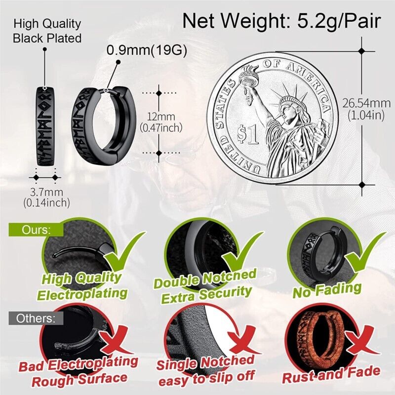 Earrings Men Women Stainless Steel Hoop Round Sterling Stud Norse Viking 1 Pair
