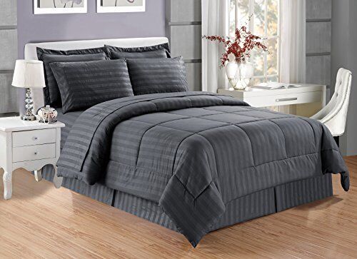 Grand Linen 6 Piece Luxury Grey Dobby Stripe Bed in A Bag Twin, Grey/Grey