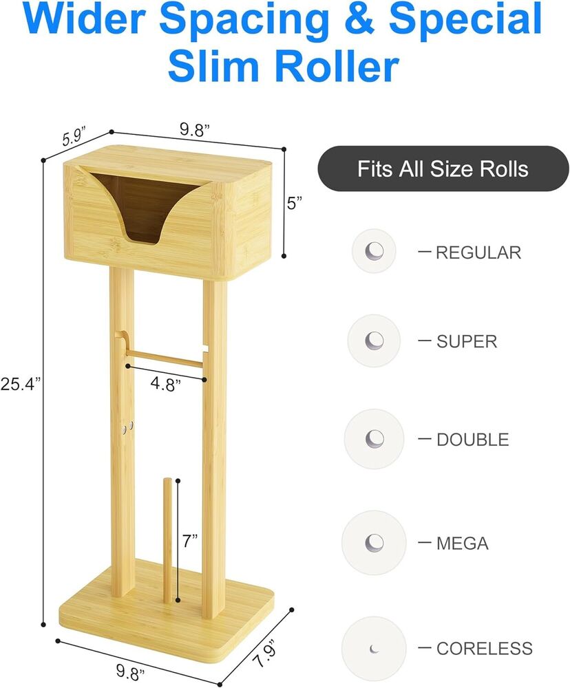 Bamboo Toilet Paper Holder Free Standing with Shelf Organizer Bathroom Decor