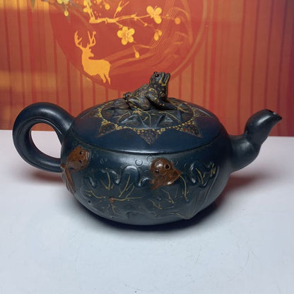 Vintage Chinese Yixing Purple Clay Teapot Zisha Ceremony Lotus Leaf Frog Teaware