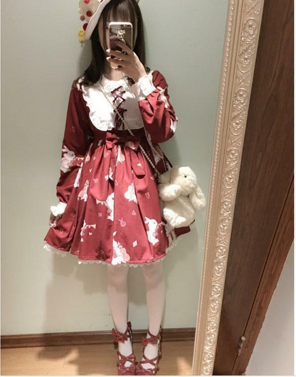 Girl's Lolita Dress Vintage Rabbit Musical Instrument Print Long Sleeves Dress