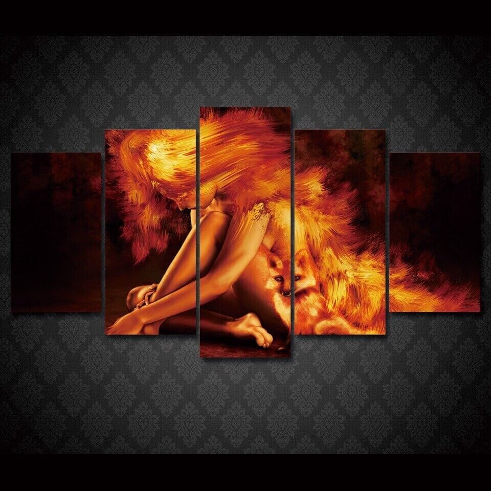 Abstract Girl Fire Fox 5 Piece Canvas Print Wall Art Poster Home Decoration