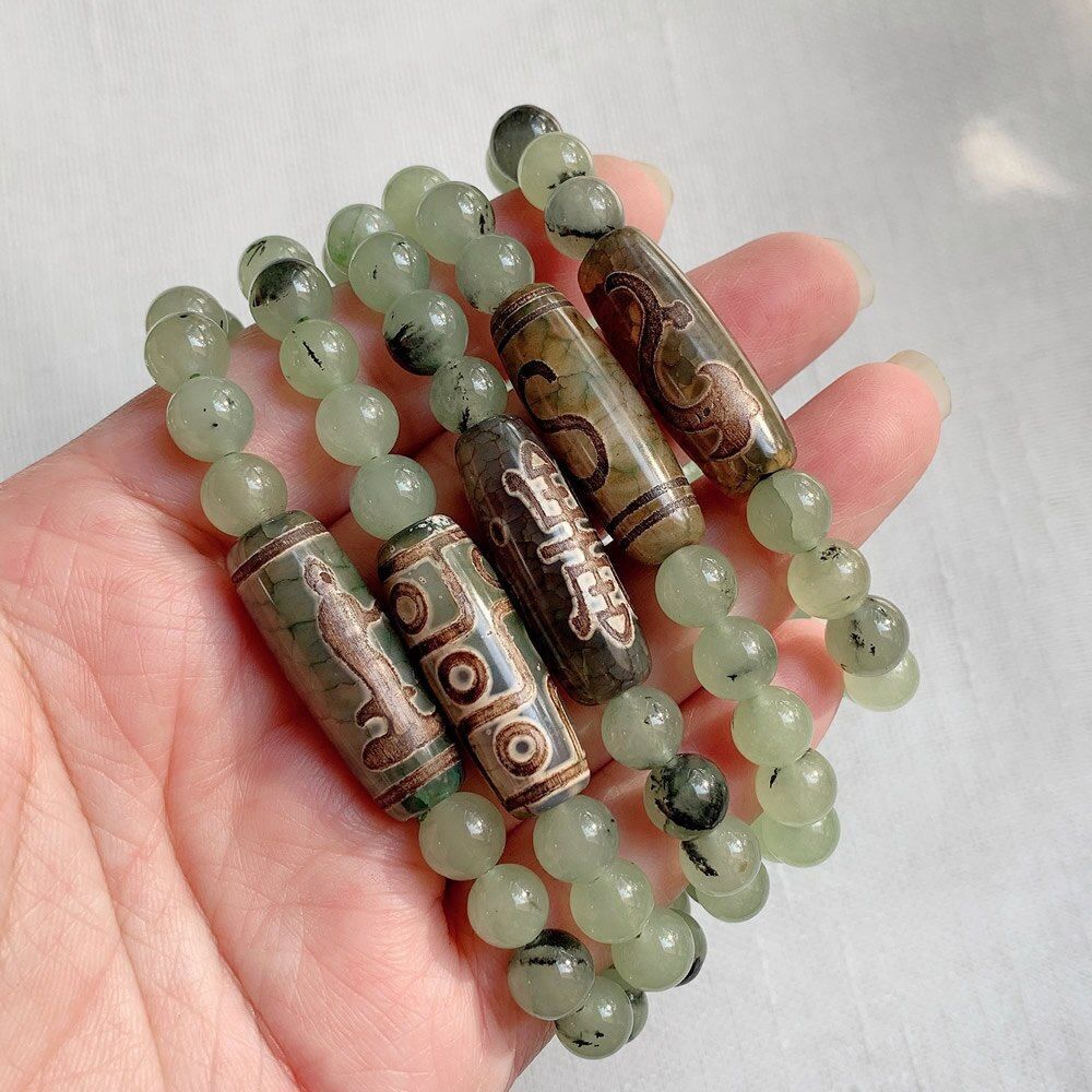 Women Bracelets Tibetan Dzi Agates Fashion Healing Beaded Charms Green Prehnites