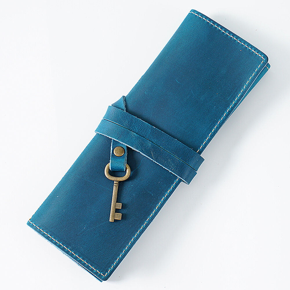 Handmade Cowhide Leather Pen Pouch Roll-up Pencil Case Bag Stationery Storage