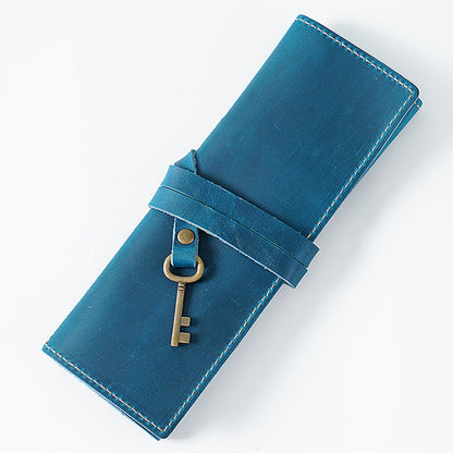 Handmade Cowhide Leather Pen Pouch Roll-up Pencil Case Bag Stationery Storage