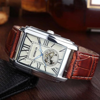 Retro Men's Watch Automatic Mechanical Wrist Watch Skeleton Leather Rectangle