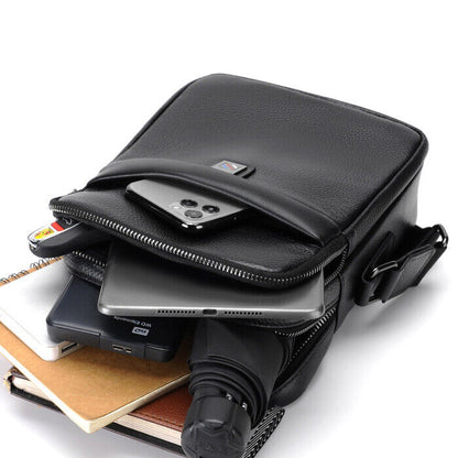 100% Genuine Leather Men's Double Zipper Sling Shoulder Messenger Bag Crossbody