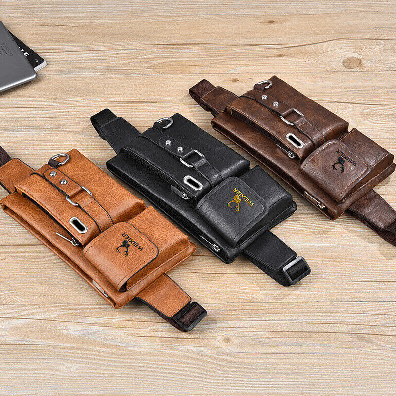 Men's PU Leather Crossbody Bag Outdoor Tactical Chest Pack Funny Waist Phone Bag