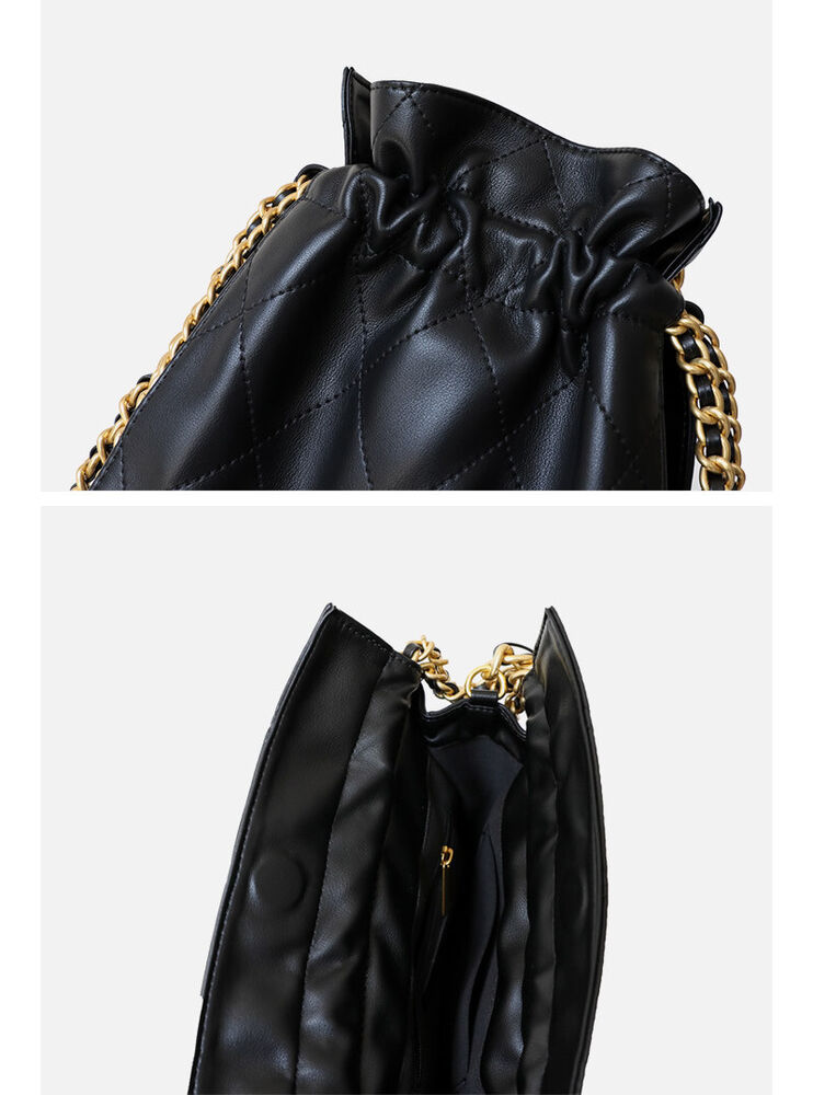 Quilted Real Leather Gold Chain Drawstring Bucket Bag Shoulder Purse Crossbody
