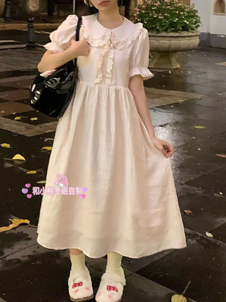 Japanese women's cute pink hello kitty printed dress + lining skirt suit sweet