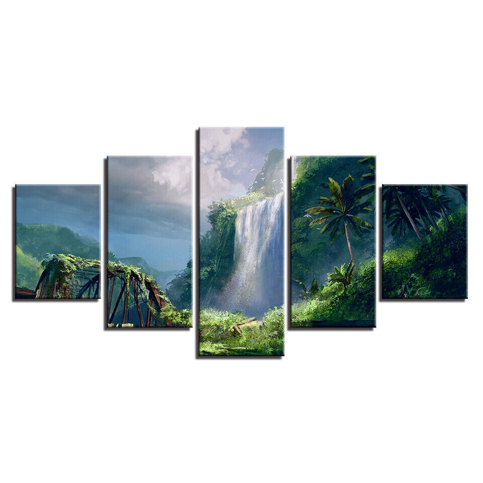 Waterfall Green Trees Landscapes Canvas Prints Painting Wall Art Home Decor 5PCS