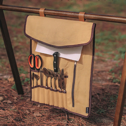 Outdoor Tableware Storage Bag Hanging Roll Bags Camping Picnic Kitchen Canvas