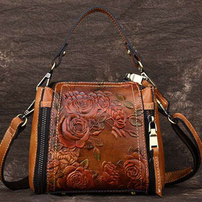 Genuine Leather Floral Embroidered Vintage Handbag Women's Tote Shoulder Bags