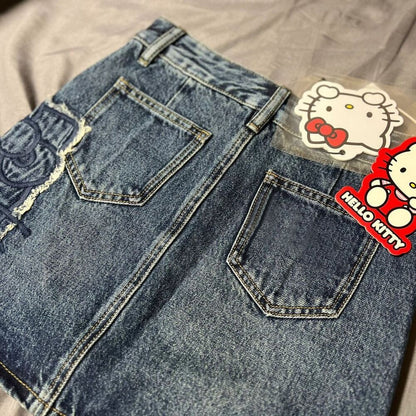 Japanese retro cute girlHello Kitty embroidered denim skirt casual street skirt