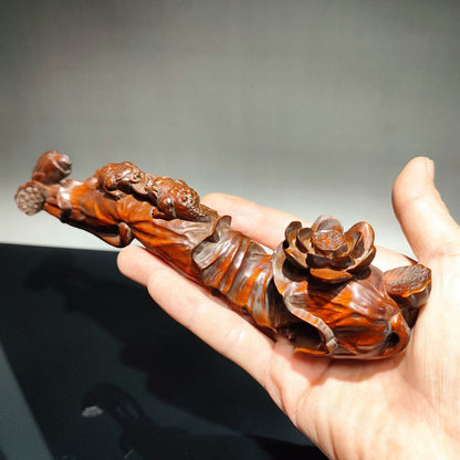 chinese antique Boxwood wooden statue carvings gifts Golden Toad lotus sculpture