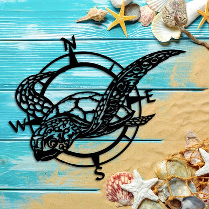 1pc, Black Metal Sea Turtle Compass Wall Sign - Perfect Beach Home Deco
