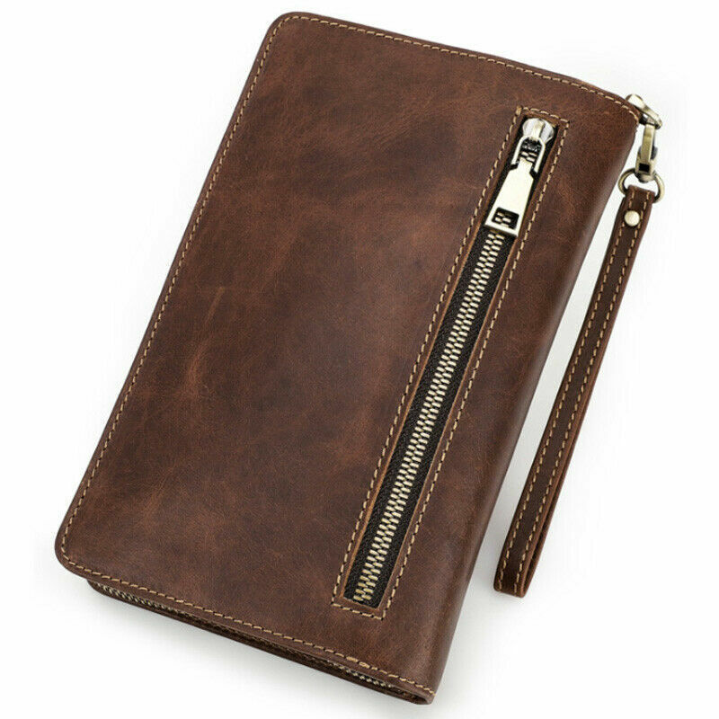 Men Leather Clutch Bag Wallet Zipper Purse Money Card Passport Pens Coins Holder