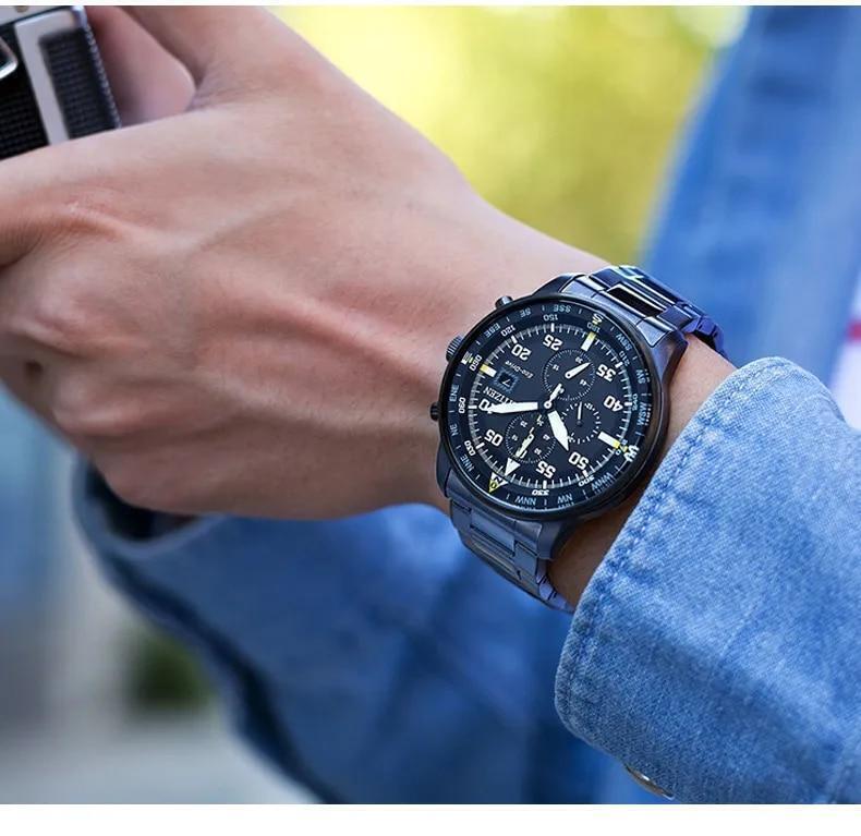 Men's Aviator Chronograph Black Dial Eco-drive Watch New Free Fast Shipping