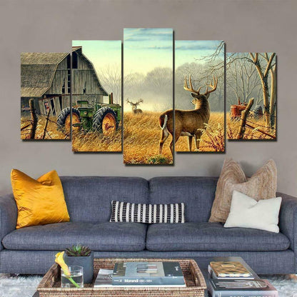 Deer Farmer Barn Tractor 5 Pieces canvas Wall Art Poster Picture Home Decor