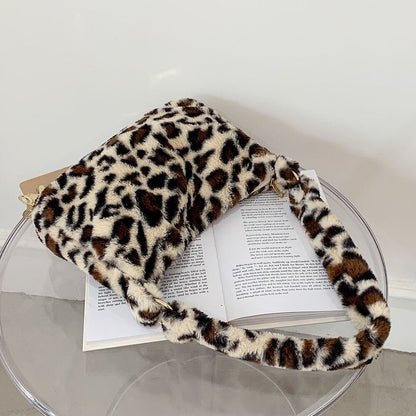 Cow Print Underarm Bag Soft Plush Pink Small Fluffy Shoulder Purse 25*17*7 CM