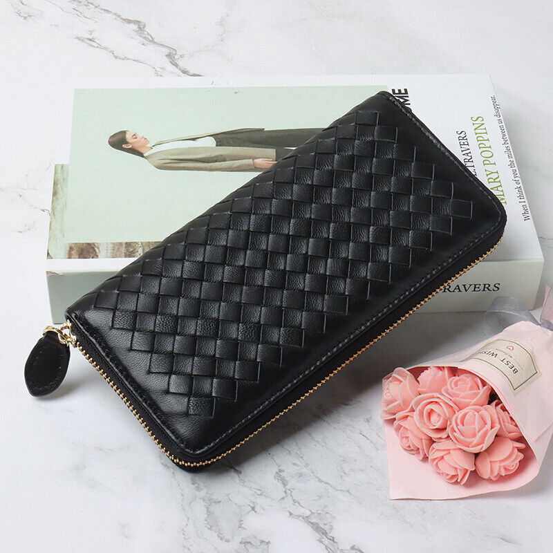 Real Leather Women's Long Wallet, Desinger Weaving Clutch Bag Zipper Card Holder