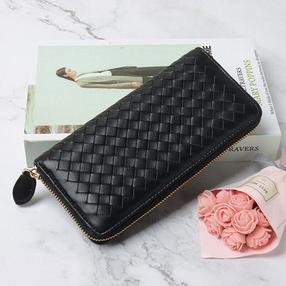Real Leather Women's Long Wallet, Desinger Weaving Clutch Bag Zipper Card Holder