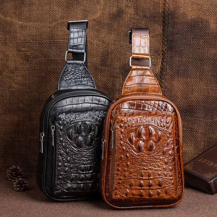 Men's Genuine Leather Crocodile Sling Backpack Crossbody Chest Bag Shoulder Bag