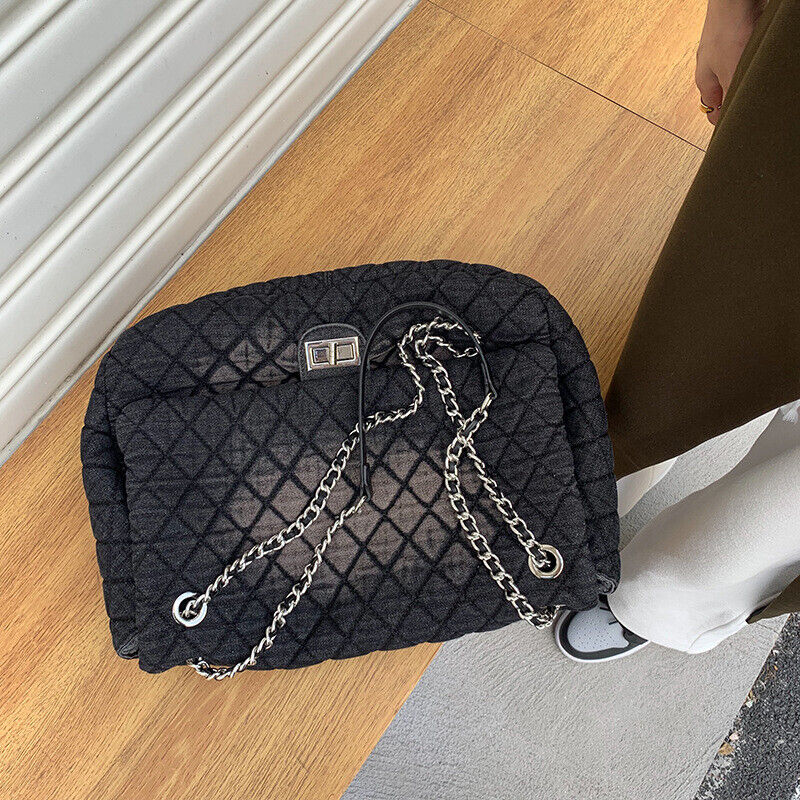 Medium/ Large Quilted Denim Shoulder Bag Flap Purse Handbag w/ Chains Tote Hobo