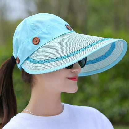Women Large Brim Floppy Hat Wide Straw Button Caps Summer Beach Sun Visor Hats
