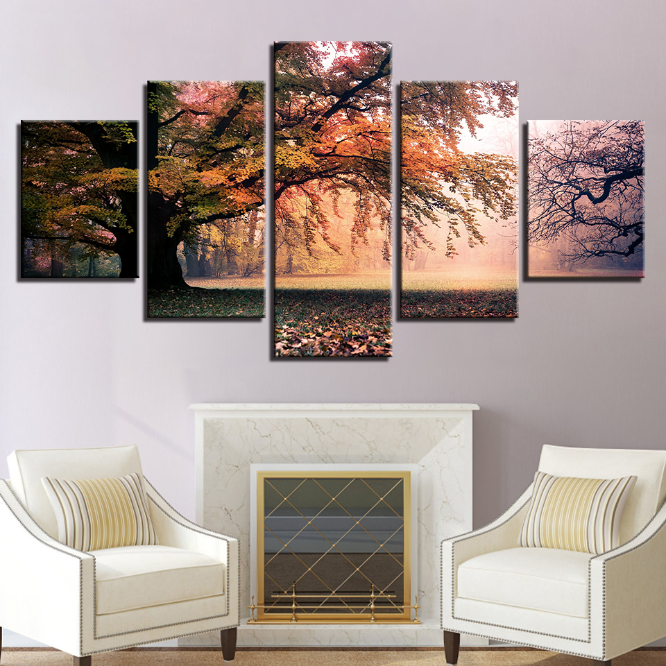 Autumn Big Trees Forest Sunrise Canvas Prints Painting Wall Art Home Decor 5PCS