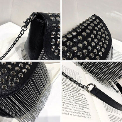 Women Bags Leather Shoulder Bags Sexy Shoulder Bag Lady Black Tassel Chains