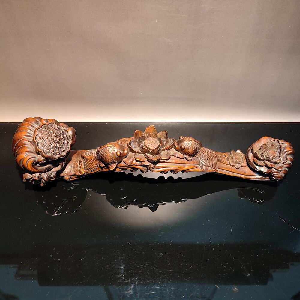 10" Beautiful Sculpture Lovely Goldfish Wooden Statues For Home Decor Ruyi Lotus