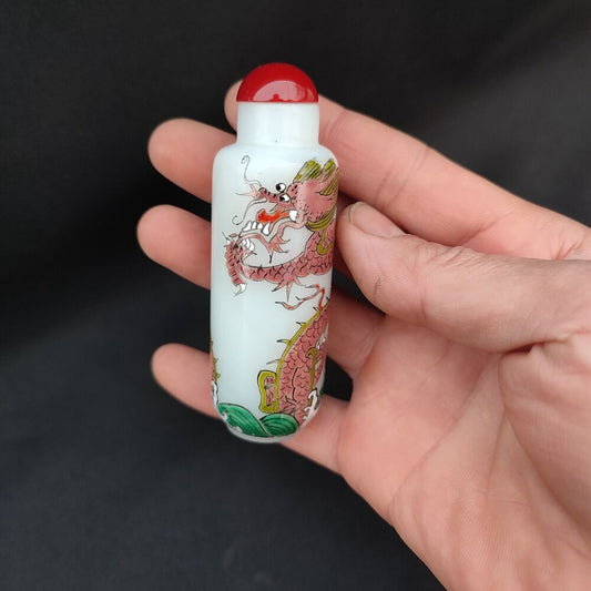 Peking Glass Snuff Bottle Painting Chinese Dragon Statue Pink Rare Lung Figurine