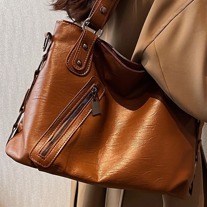 Shoulder Bag Oil Wax Leather Wide Strap Crossbody Bag Zipper Shopper Handbag 1PC