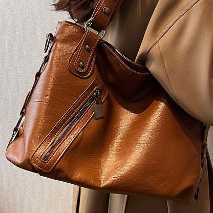 Shoulder Bag Oil Wax Leather Wide Strap Crossbody Bag Zipper Shopper Handbag 1PC