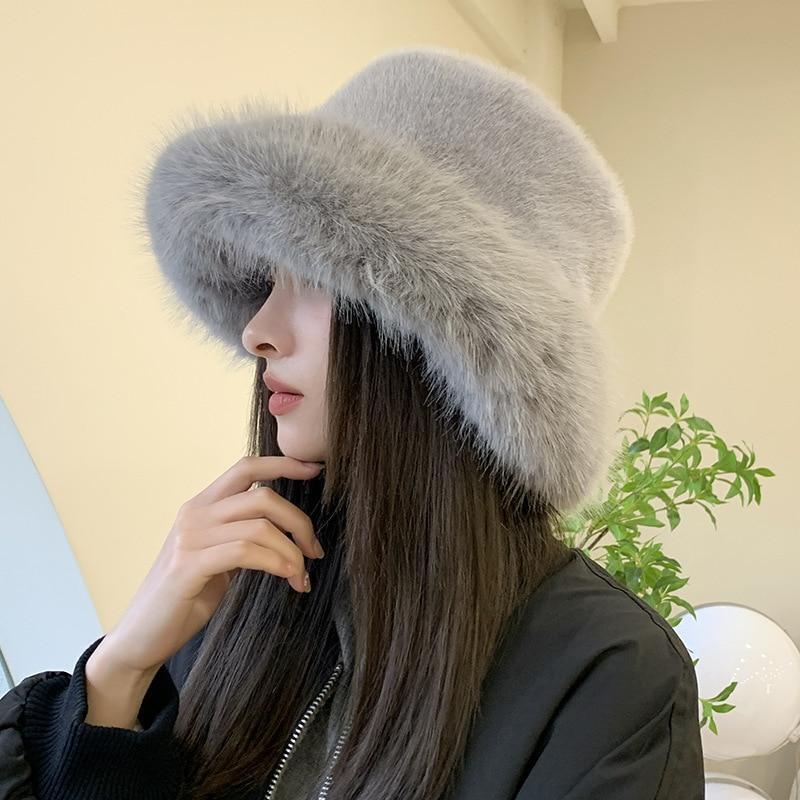 Womens Real Rabbit/Rex Fur Hat Bowler Hat Warm Beanie W Fox Fur Brim